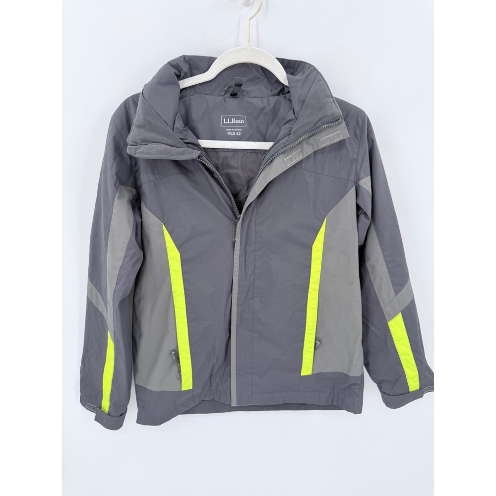 LL Bean Kids Gray Neon Yellow Discovery Rain Jacket Windbreaker Hooded M 10-12